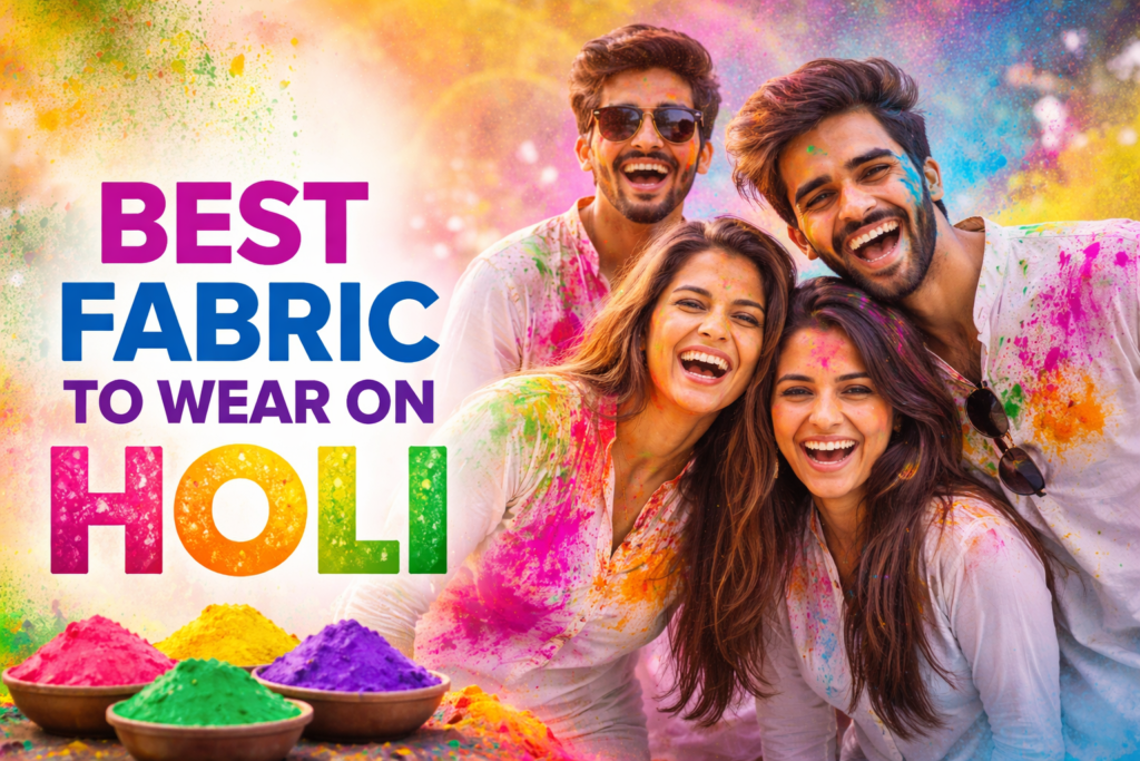 Friends celebrating Holi wearing breathable white cotton outfits, showcasing the best fabric for Holi festival.