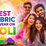 Friends celebrating Holi wearing breathable white cotton outfits, showcasing the best fabric for Holi festival.