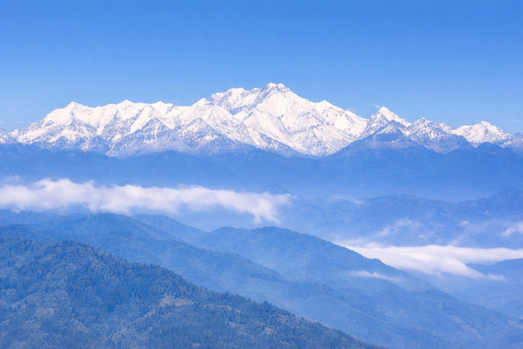 Kanchenjunga mountain view from Darjeeling with snow-covered Himalayan peaks in West Bengal