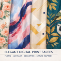 Multiple digital print sarees with floral, abstract, geometric and nature-inspired designs displayed vertically in pastel and contrast shades