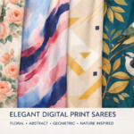 Multiple digital print sarees with floral, abstract, geometric and nature-inspired designs displayed vertically in pastel and contrast shades