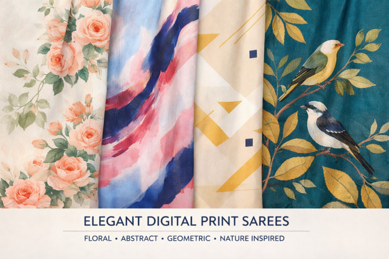 Multiple digital print sarees with floral, abstract, geometric and nature-inspired designs displayed vertically in pastel and contrast shades