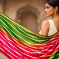 Indian woman showcasing Leheriya silk saree with flowing diagonal wave patterns and rich hand-dyed colors