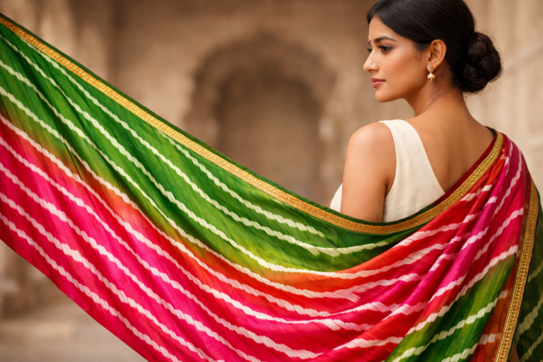 Indian woman showcasing Leheriya silk saree with flowing diagonal wave patterns and rich hand-dyed colors