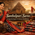 Traditional Sambalpuri saree showcasing Odisha handloom ikat weaving, cultural motifs, and artisan craftsmanship