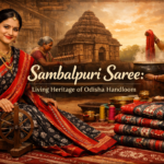 Traditional Sambalpuri saree showcasing Odisha handloom ikat weaving, cultural motifs, and artisan craftsmanship