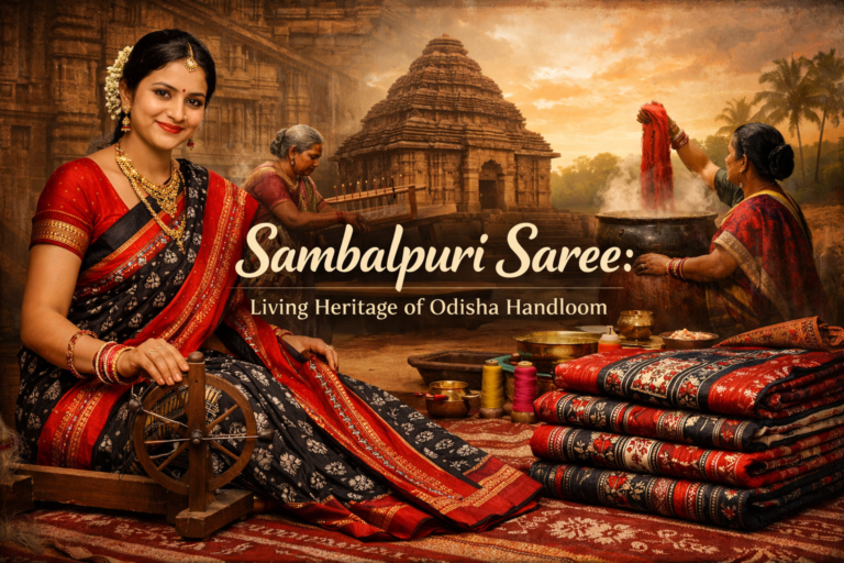 Traditional Sambalpuri saree showcasing Odisha handloom ikat weaving, cultural motifs, and artisan craftsmanship