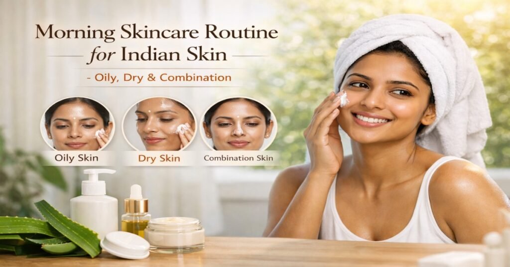 Morning skincare routine for Indian skin types including oily, dry and combination skin with natural glow