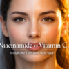 Split face comparison of a woman showing niacinamide matte skin vs vitamin C glowing radiant skin with golden light