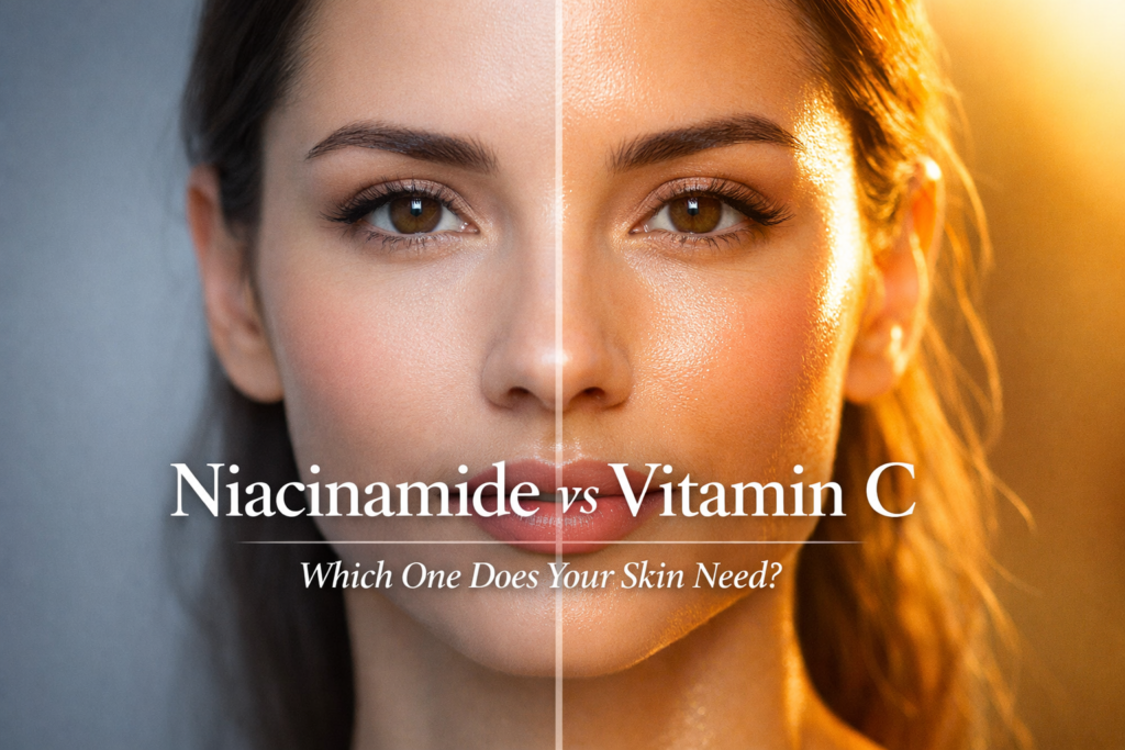 Split face comparison of a woman showing niacinamide matte skin vs vitamin C glowing radiant skin with golden light