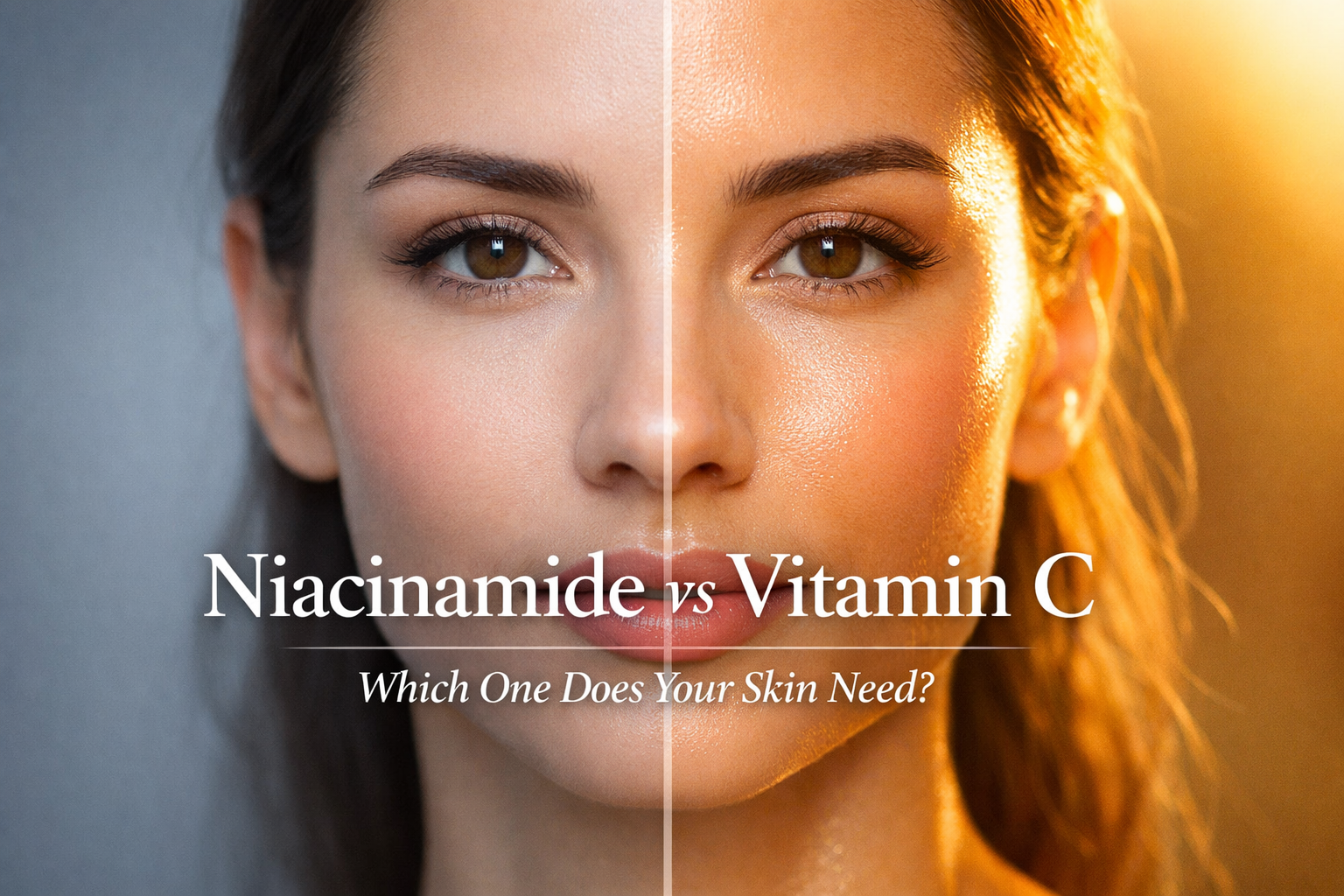Split face comparison of a woman showing niacinamide matte skin vs vitamin C glowing radiant skin with golden light