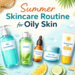 Summer skincare routine for oily skin with gel cleanser, toner, vitamin C serum and sunscreen SPF 50