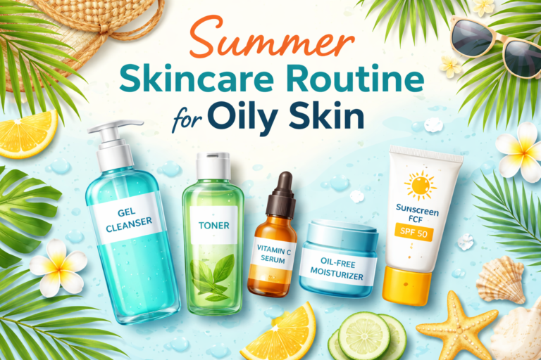 Summer skincare routine for oily skin with gel cleanser, toner, vitamin C serum and sunscreen SPF 50