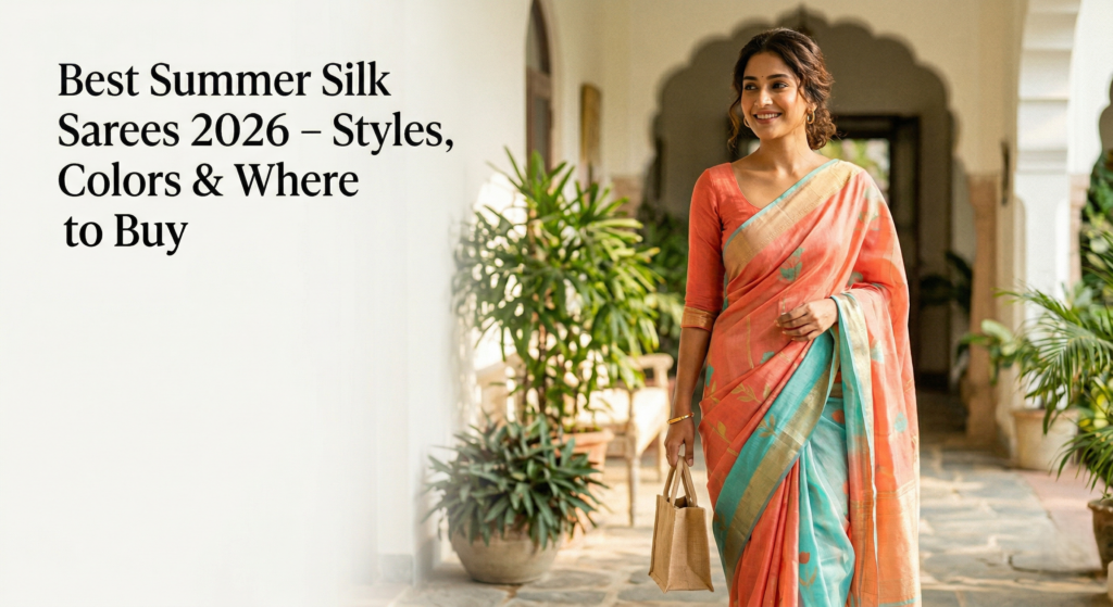 Woman wearing a lightweight Chanderi silk saree in pale green for summer 2026