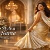 Elegant woman in flowing silk saree twirling at a luxury palace destination wedding with golden hour lighting