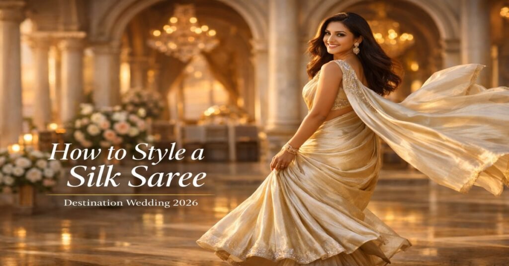 Elegant woman in flowing silk saree twirling at a luxury palace destination wedding with golden hour lighting