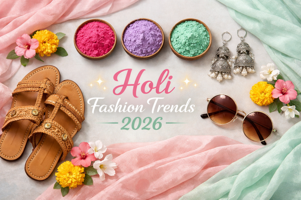 Holi fashion trends 2026 flat lay with pastel silk saree, colorful gulal bowls, silver earrings, Kolhapuri sandals, sunglasses and flowers