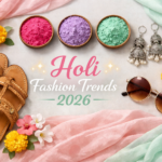 Holi fashion trends 2026 flat lay with pastel silk saree, colorful gulal bowls, silver earrings, Kolhapuri sandals, sunglasses and flowers