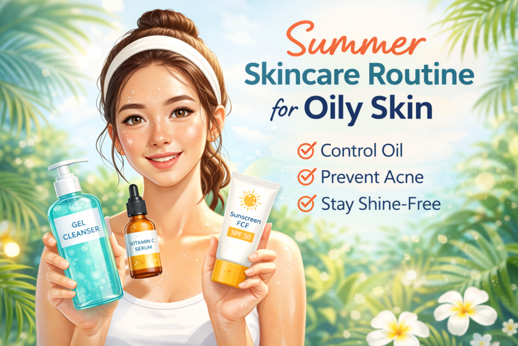 Girl holding summer skincare products for oily skin including gel cleanser, vitamin C serum and SPF 50 sunscreen