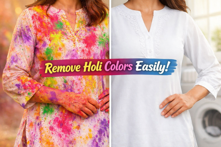 Before and after comparison showing how to remove Holi colors from white cotton clothes easily