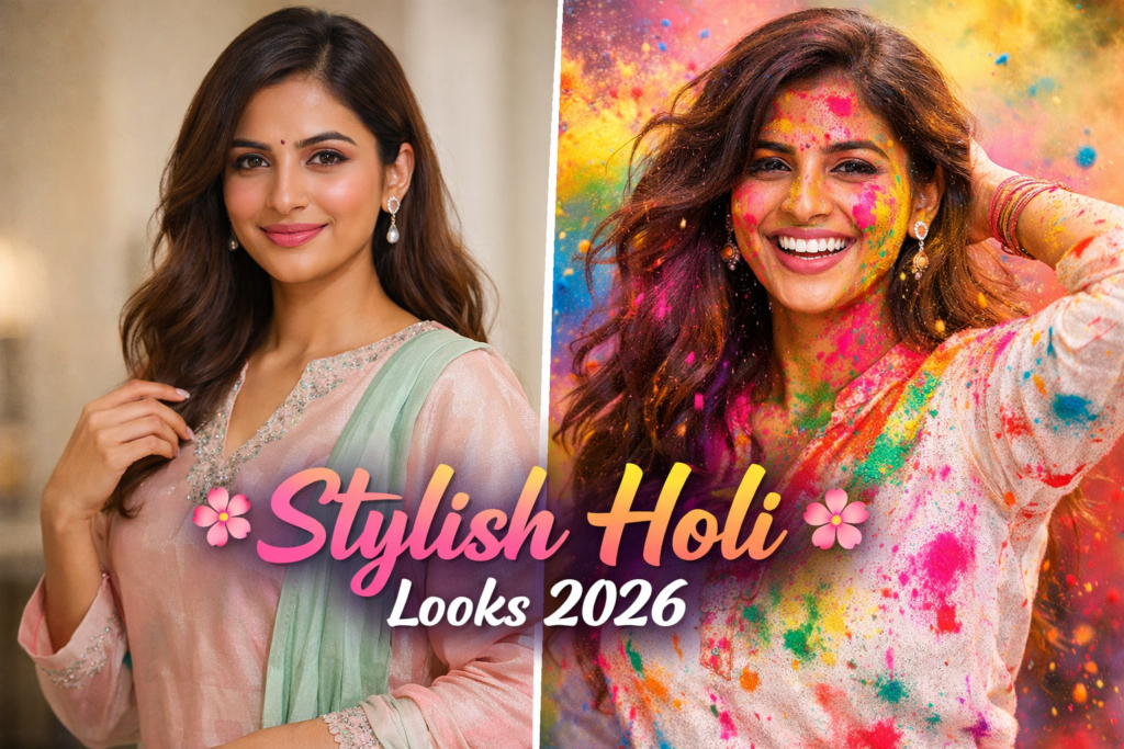 Stylish Holi Looks 2026 split image showing pastel silk outfit before and after playing Holi with colorful gulal