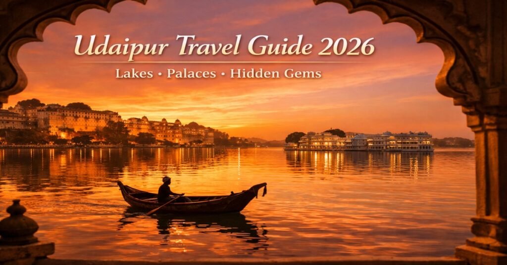 Golden sunset view of Lake Pichola with City Palace and Lake Palace in Udaipur, featuring a traditional Rajasthani boat and reflections in water