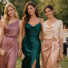 Elegant wedding guest silk outfit ideas featuring women wearing silk midi dress, silk gown, and silk blouse with skirt at outdoor wedding