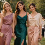 Elegant wedding guest silk outfit ideas featuring women wearing silk midi dress, silk gown, and silk blouse with skirt at outdoor wedding