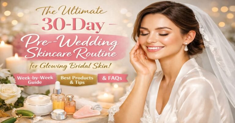 Bride-to-be glowing skin with 30-day pre-wedding skincare routine week-by-week guide