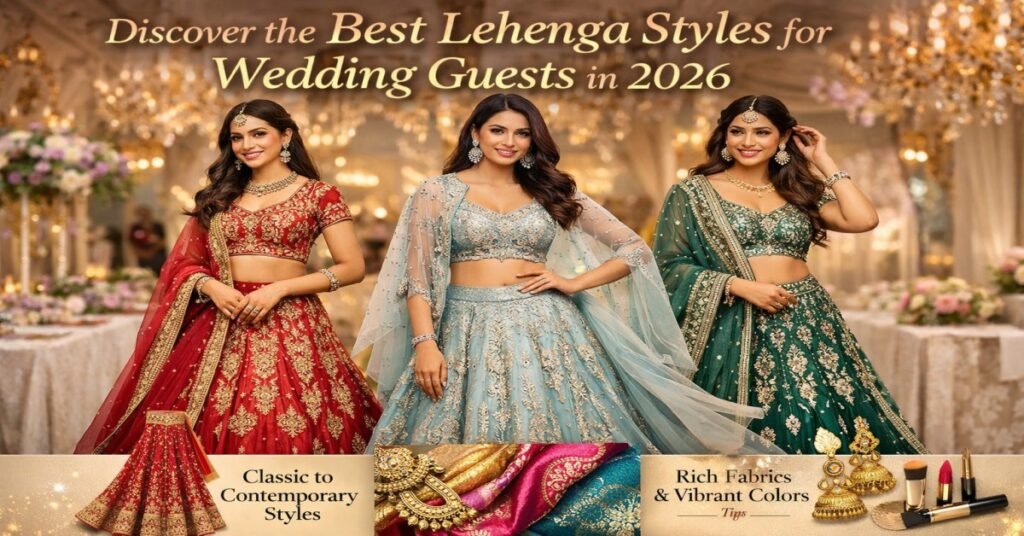 Stylish wedding guest lehenga designs 2026 featuring classic A-line, embroidered pastel lehenga, and fusion cape lehenga with elegant wedding backdrop.
