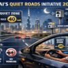 Dubai Quiet Roads Initiative 2026 featured image showing quiet zone road signs, no honking rule, AED 3000 fines, noise cameras, drone patrols, and Dubai skyline at night.