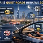 Dubai Quiet Roads Initiative 2026 featured image showing quiet zone road signs, no honking rule, AED 3000 fines, noise cameras, drone patrols, and Dubai skyline at night.