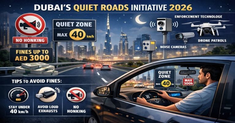 Dubai Quiet Roads Initiative 2026 featured image showing quiet zone road signs, no honking rule, AED 3000 fines, noise cameras, drone patrols, and Dubai skyline at night.