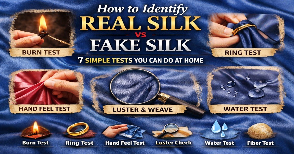 Featured image showing how to identify real silk vs fake silk using burn test, ring test, hand feel, water test, luster check, and fiber test at home