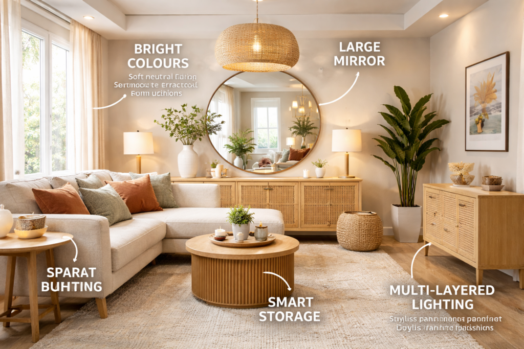 Small living room design with bright colours, large mirror, smart storage, and layered lighting to create a spacious feel