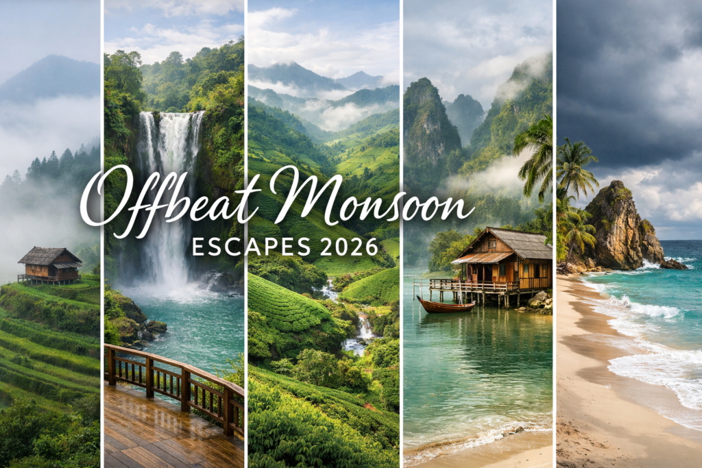 Horizontal travel collage showing misty mountains, waterfalls, lush valleys, and tropical beach destinations during monsoon season