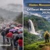 Split image showing crowded hill station in monsoon vs peaceful offbeat destination with waterfall and lush green valley
