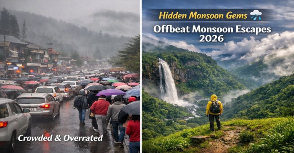 Split image showing crowded hill station in monsoon vs peaceful offbeat destination with waterfall and lush green valley