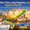 Australia property market 2026 with city skyline, house for sale sign and rising price trend showing best time to buy property