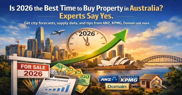 Australia property market 2026 with city skyline, house for sale sign and rising price trend showing best time to buy property