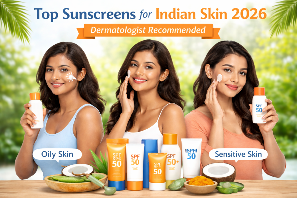 Top sunscreens for Indian skin 2026 for oily dry and sensitive skin dermatologist recommended SPF 50 products