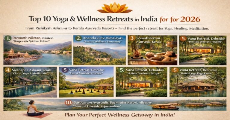 Scenic landscape featured image showing the top 10 yoga and wellness retreats in India for 2026, including Rishikesh ashrams and Kerala Ayurveda resorts for healing, meditation, and renewal.