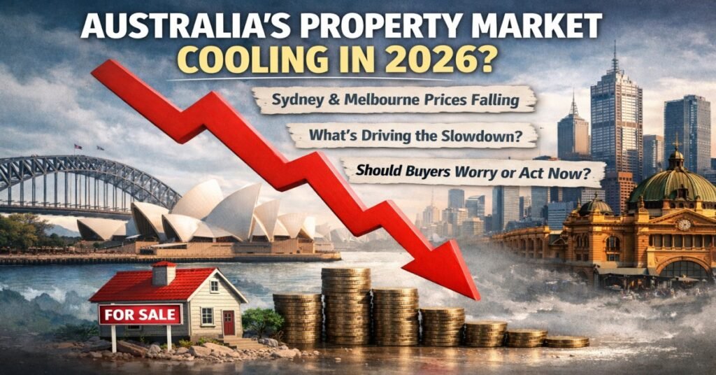 Australia property market cooling in 2026 showing Sydney and Melbourne skyline with falling house prices, red downward trend arrow, for sale home sign, and declining coin stacks.