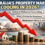 Australia property market cooling in 2026 showing Sydney and Melbourne skyline with falling house prices, red downward trend arrow, for sale home sign, and declining coin stacks.