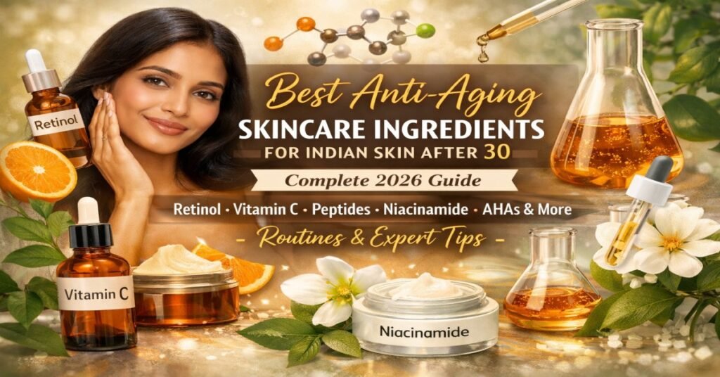 Best anti-aging skincare ingredients for Indian skin after 30 featuring retinol, Vitamin C, peptides, niacinamide, and AHAs in a 2026 skincare guide.