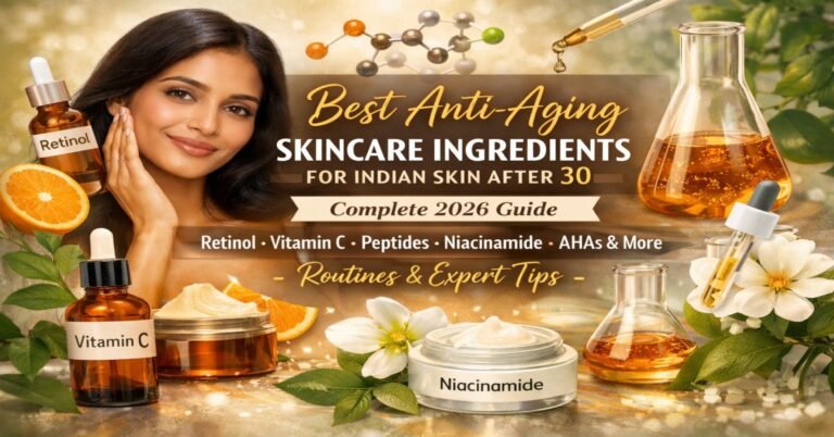 Best anti-aging skincare ingredients for Indian skin after 30 featuring retinol, Vitamin C, peptides, niacinamide, and AHAs in a 2026 skincare guide.