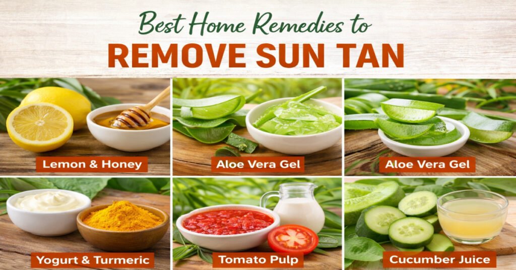 Best home remedies to remove sun tan including lemon honey aloe vera yogurt turmeric tomato cucumber