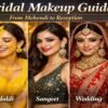 Bridal makeup transformation from Mehendi to Reception showing five wedding looks including Haldi, Sangeet, Wedding and Reception styles