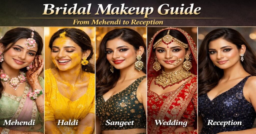 Bridal makeup transformation from Mehendi to Reception showing five wedding looks including Haldi, Sangeet, Wedding and Reception styles