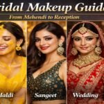 Bridal makeup transformation from Mehendi to Reception showing five wedding looks including Haldi, Sangeet, Wedding and Reception styles